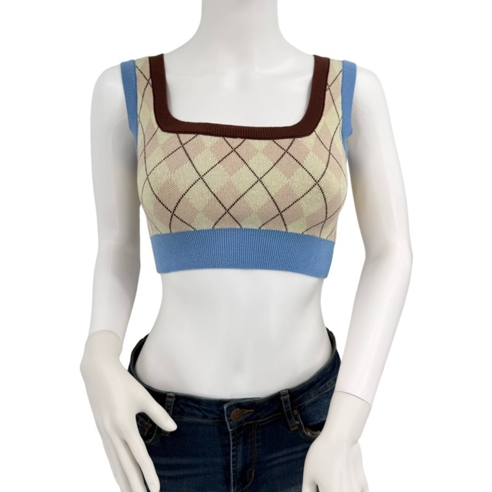 CIDER XS Argyle Sweater Vest Blue Brown Tan‎ Cropped Knit Preppy Festival Retro